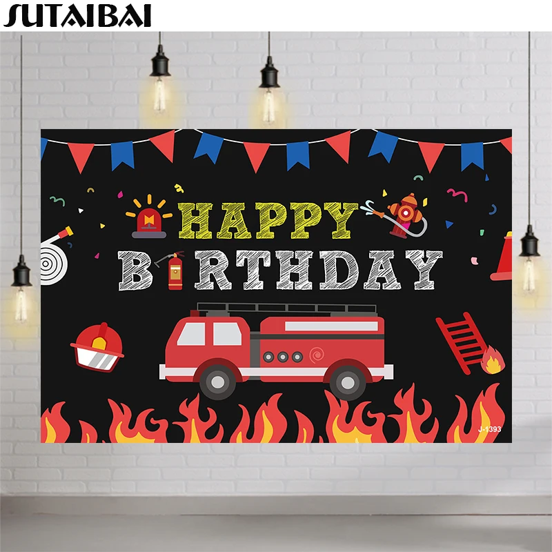 

Firetruck Theme Backdrop Firemen Kids Boys Happy Birthday Party Decoration Banner Firefighter Flags Photography Backgrounds