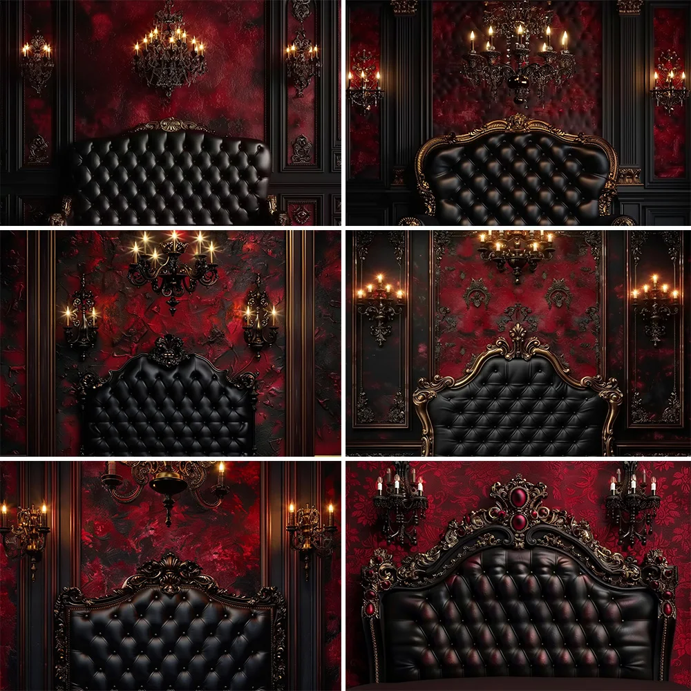 Red Wall Photography Background Boudoir Black Headboard Retro Chandelier Backdrop Decor Wedding Birthday Portrait Photo Studio