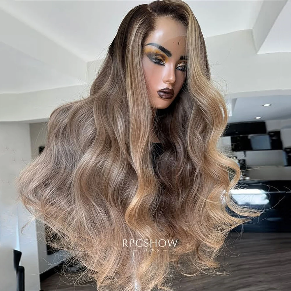 

Супердлинный парик омбре-брюнет с эффектом волнистых прядей, коричневыми акцентами и балаяжем, HD-кружевной фронт, предварительно пророщенные волосы, синтетический парик с эффектом натуральных волос