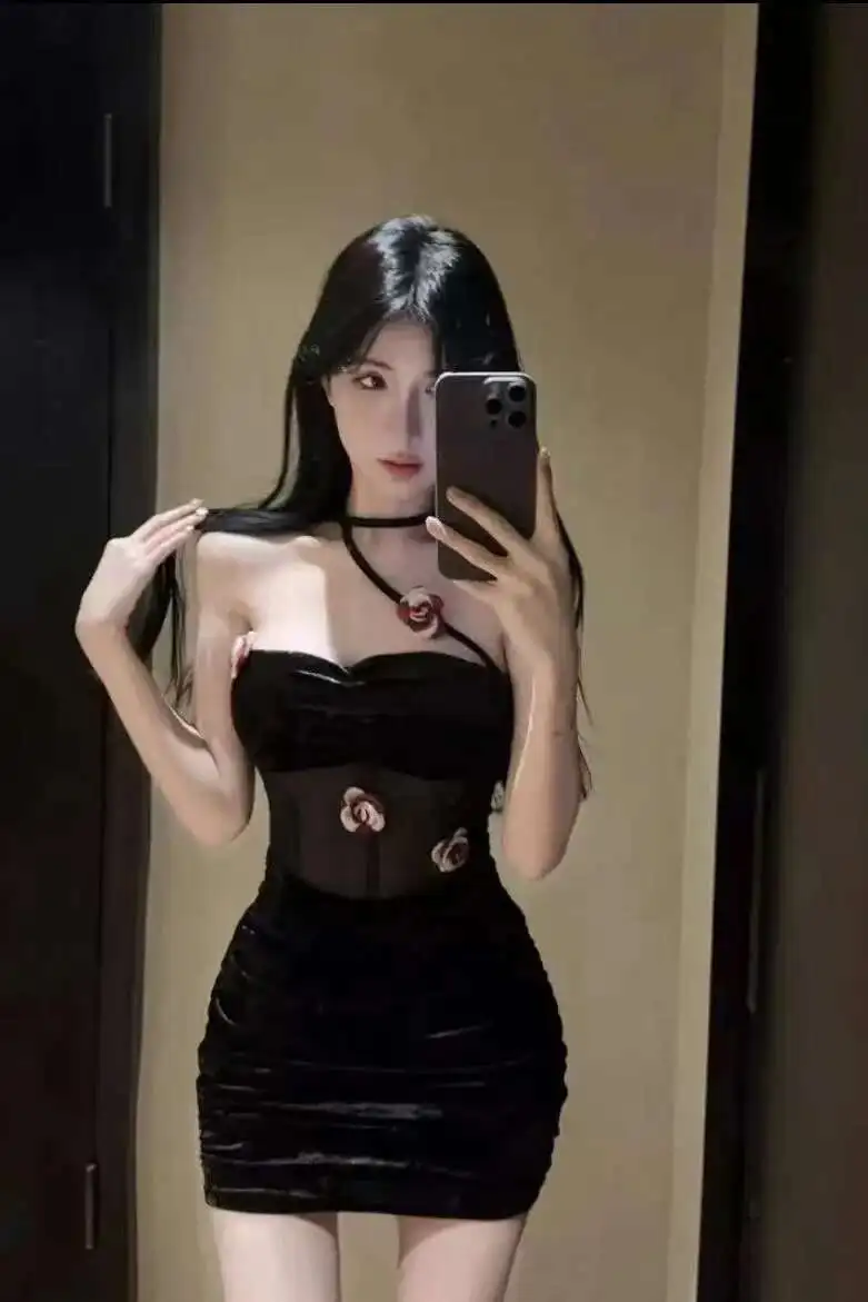 Sexy Mode Neue Eng Anliegende Liebsten 3D Blume Design Samt Kleid Elegante Mesh Spitze Sheer Süße Tank Mini Kleid Tops U0PD