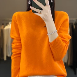 Spring Autumn Season Wool Sweater Women's 100% Wool Half High Collar Sweater Solid Color Fashion Loose Knitted Pullover shirt