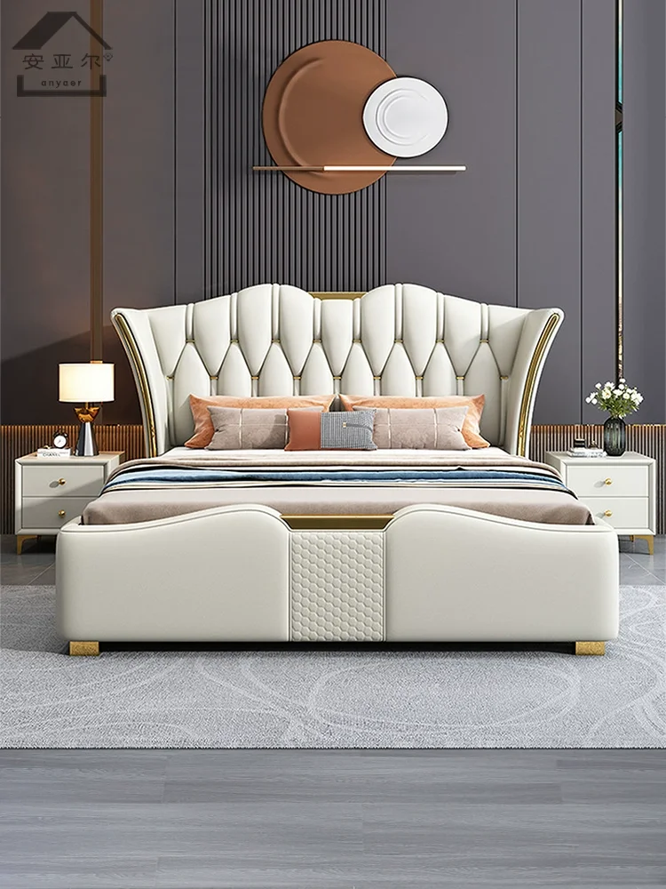 

European light luxury leather bed, double 1.8m master bedroom, 1.5 storage, wedding bed, American technology fabric bed