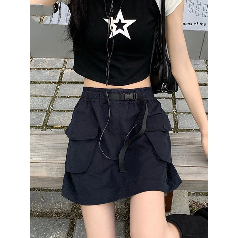 Women`s Mini Skirts Casual High Waist Pockets Dresses Y2K Retro Streetwear Vintage Cargo Dresses Safari Style Girls Slim Skirts