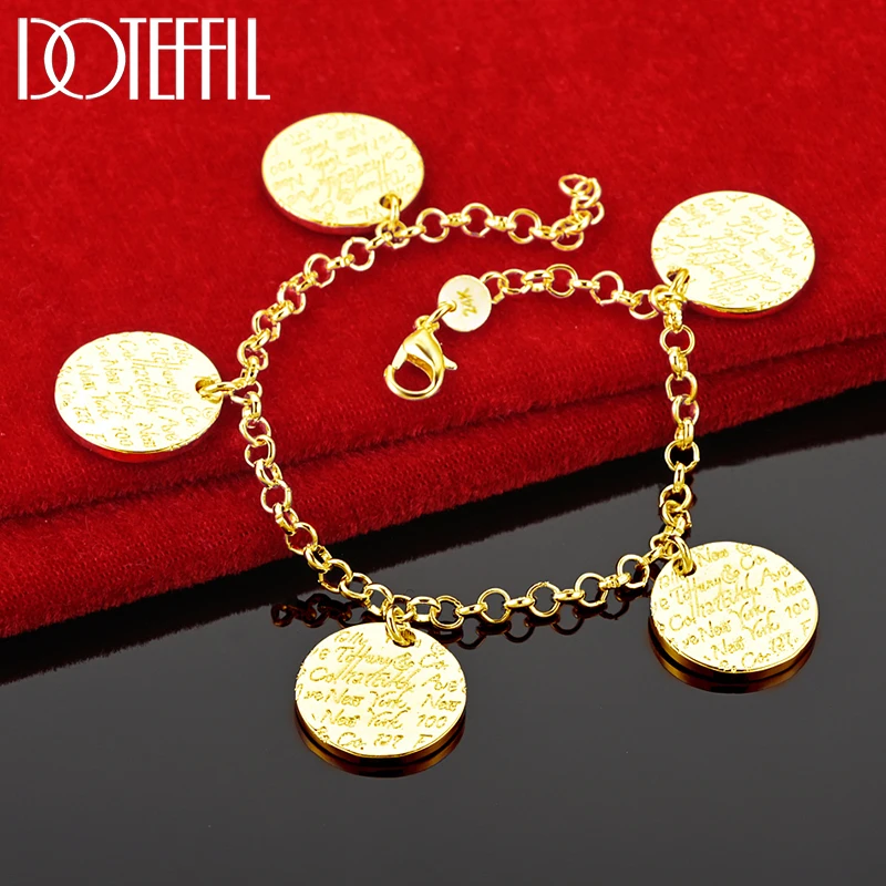 DOTEFFIL 925 Sterling Silver 24K Gold Five Round Grain Bracelet For Women Fashion Charm Wedding Engagement Party Jewelry