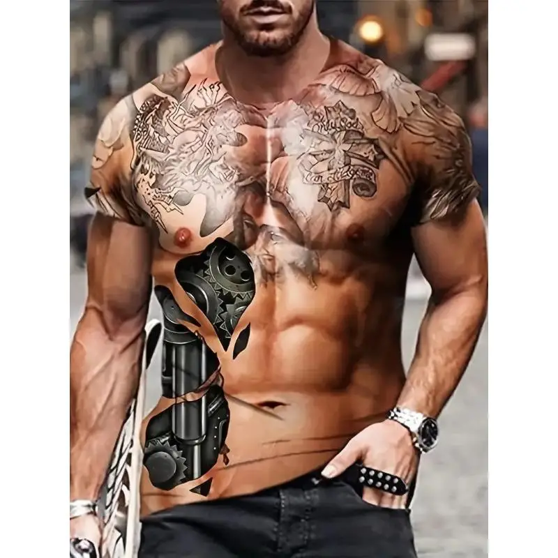 Herren 3D Fake Ripped Muscle Print T-Shirt Mode Kurzarm Freizeitoberteil mit verschiedenen Mustern – Detail 5