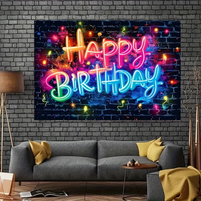 Glow Happy Birthday Background Neon glow splashed graffiti on a brick wall decorated in the dark party