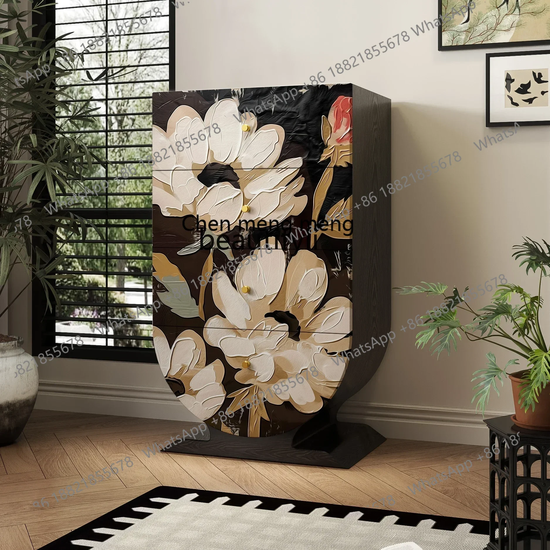 M182 Y French living room storage cabinet, four bucket cabinets, integrated solid wood decorative side cabinet against the w