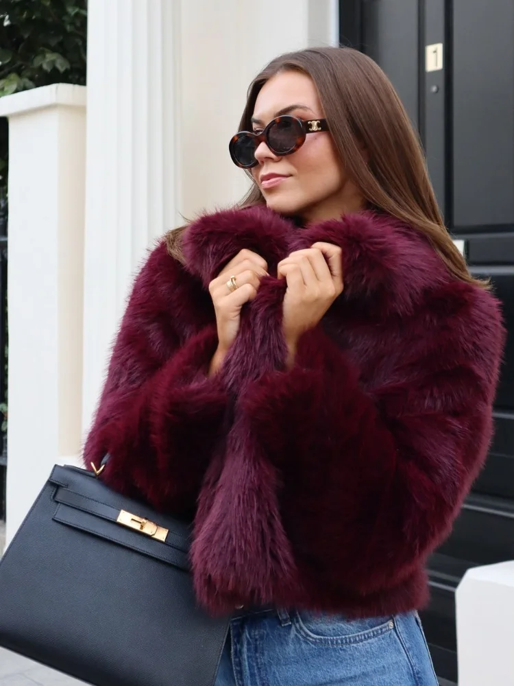 Burgundy Red Chic Women\'s Fluffy Faux Fur Short Jacket Women Elegant Lapel Long Sleeve Plush Coat Female Warm Cropped Streetwear