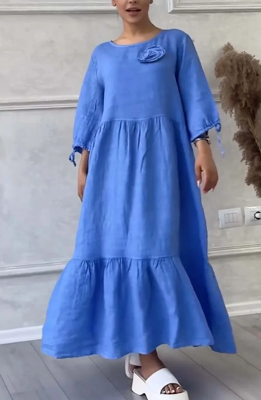

Casual Cotton Linen Dress Loose O-neck Long Sleeves A-line Splicing Big Hem Dress Fashion 3D Flower Decorative Long Dresses