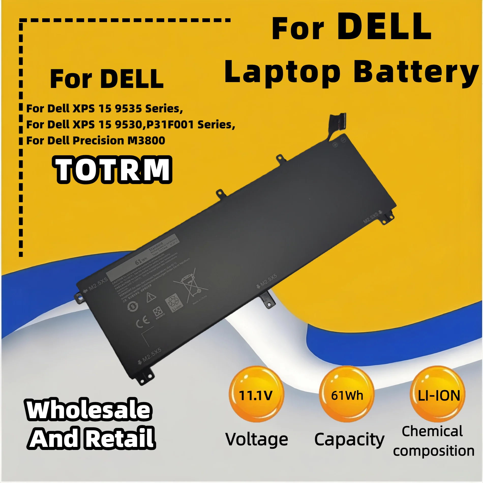 FRLESUI Battery T0TRM For Dell XPS 15 9530 Precision M3800 H76MV 7D1WJ TOTRM Laptop Battery 13 months warranty