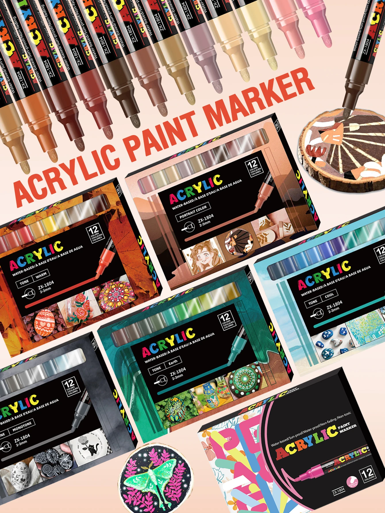 

72 цвета, 6 основных цветовых гамм, по 12 цветов в каждой, акриловые маркеры на водной основе, с двойным наконечником для тонких и широких линий, подходят для различных материалов, для художественного рисования, для декоративных работ своими руками, водос