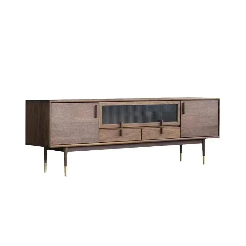 Nordic all-solid wood TV cabinet, small apartment light luxury black walnut log furniture combination side cabinet