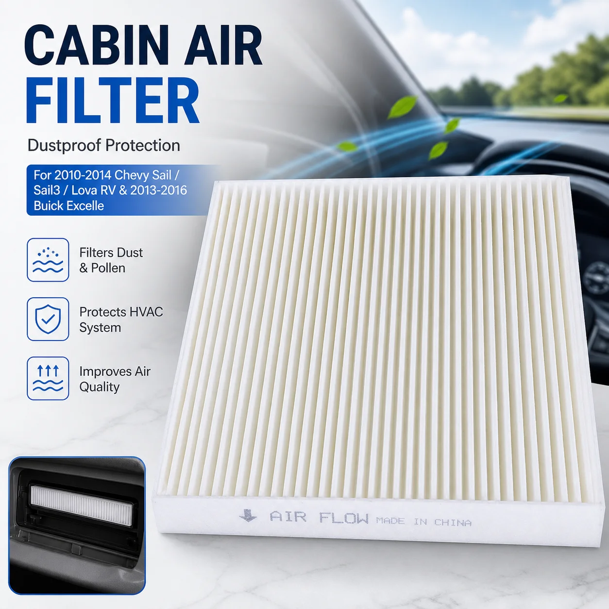

Cabin Air Filter Dustproof For 2010-2014 Chevy Sail/Sail3/Lova RV & 2013-2016 Buick Excelle Car Accessory