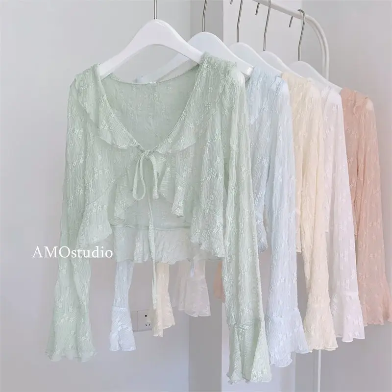 

Ruffled Fairy Lace Sunscreen Cardigan Summer Thin Tie Outerwear Long Sleeve Cover-Up for Skirts