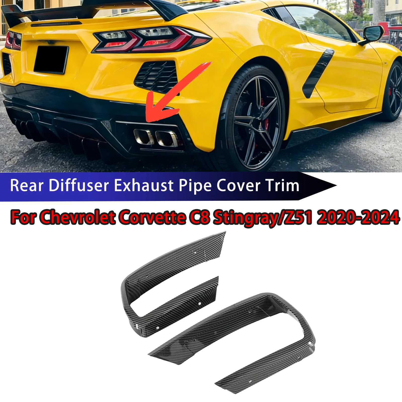 

For Chevrolet Corvette C8 Stingray/Z51 2020-2024 Rear Diffuser Exhaust Pipe Cover Trim Car Exterior AccessoriesCarbon Fiber Look