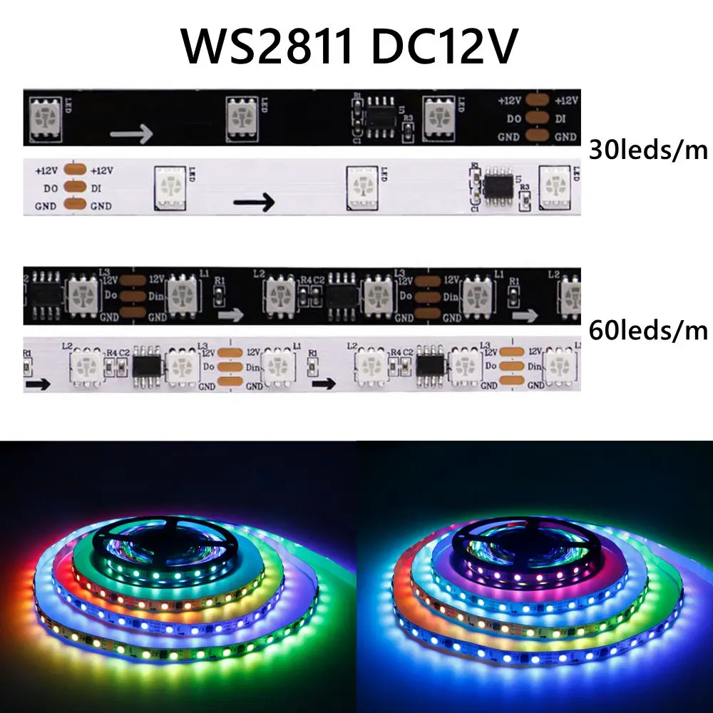 WS2811 RGB LED Strip Light 5050SMD Addressable 30leds/m 60Leds/m Smart Led Strip External 1 IC Control 3 Leds IP30/65/67 DC12V