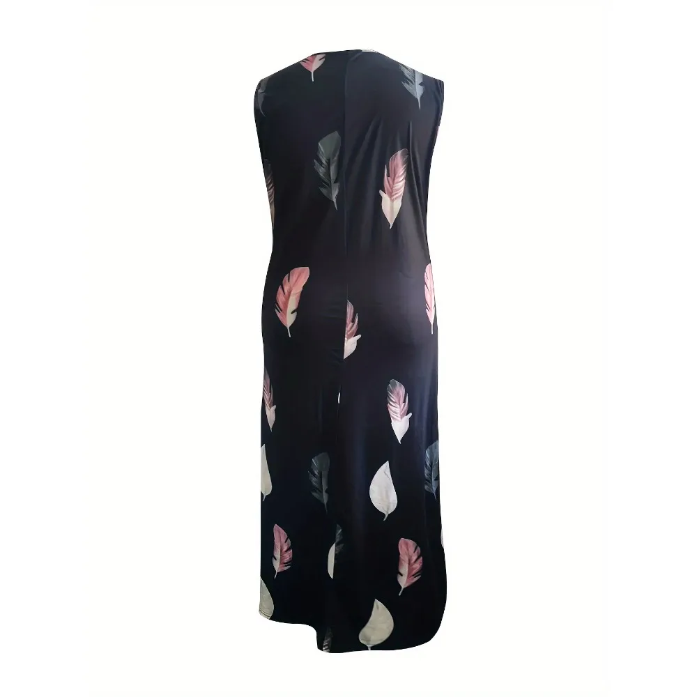Plus Größe 1XL-5XL Mode frauen Feder-Print Rundhals Ärmelloses Kleid Damen Casual Oansatz Lange Strand Kleid