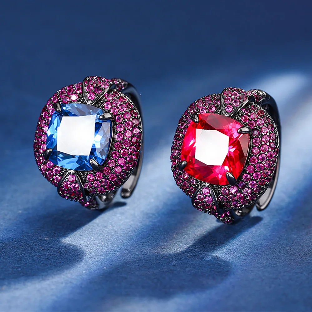

Charms Vintage 10*10MM Ruby Sapphire Rings Gemstone Cocktail Party Fine Jewelry Black Personality Ring for Women Bithday Gifts