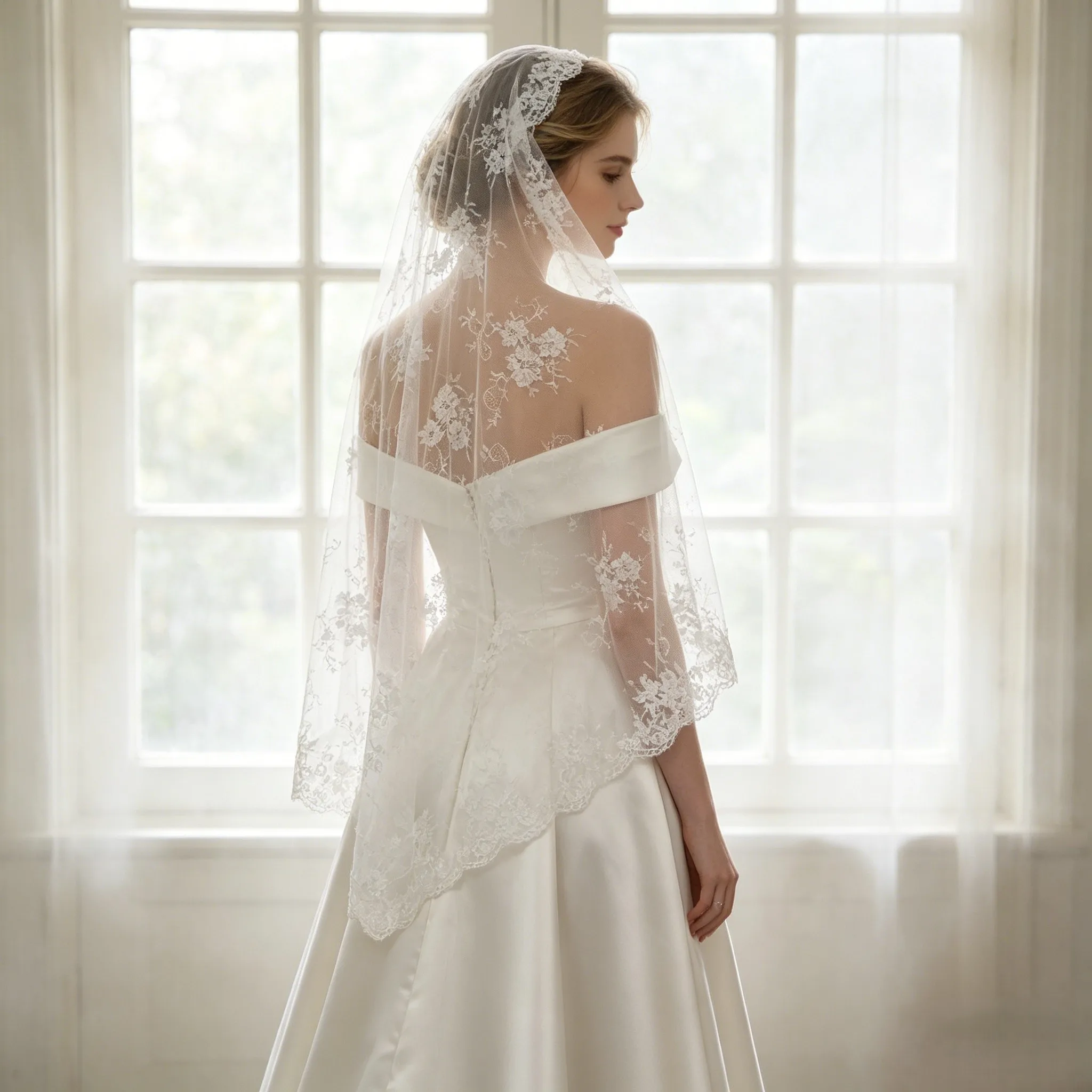 1Layer White Lace Bridal Veil One-Piece Floral Embroidered Tulle Whit Comb Lace Applique Edge Wedding Party for Brides G159
