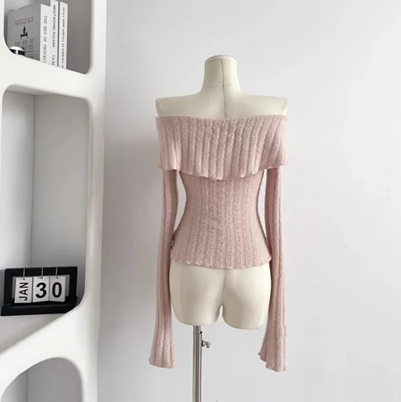 Women Slash Neck Slim Knitted Sweater with Bow Lace Up Design Long Sleeve Asymmetric Hem Pullovers Spring Autumn New Knitwear