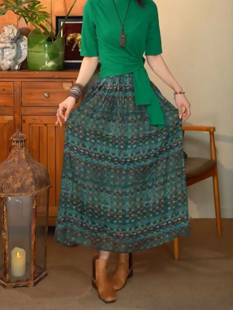 

Retro n Print f Skirt Summer 2025 Lazy Vaion Casual Elastic Waist Skirt Korean Sle plus Size Women's Skirt