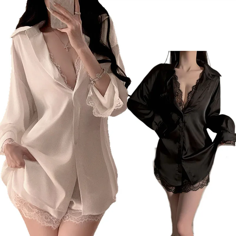 

Plus Size Lace Long Sleeve Loose White And Black Shirt Sleepwear Home Set Comfortable Breathable V-Neck Loose Ice Silk Nightgown