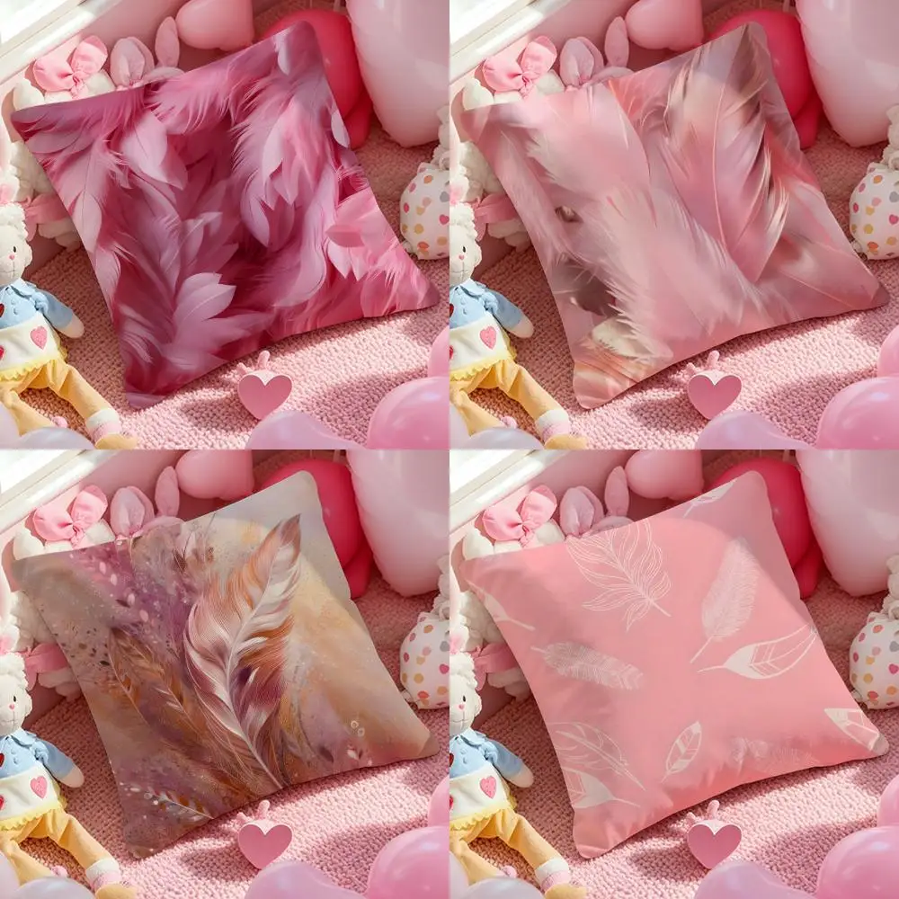 Luxury Pink Feather Print Cushion Cover Pattern Printed Pillowcase For Living Room Sofa Cushion Cover & Bedroom Decor