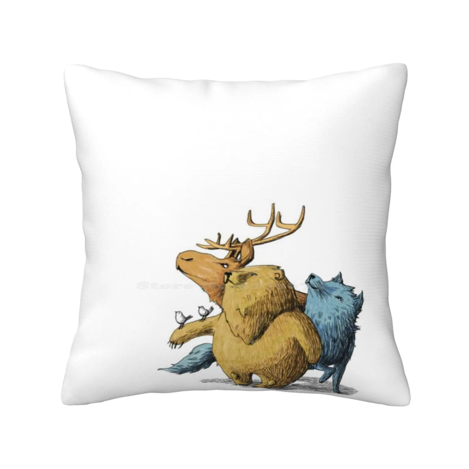 Five Friends Pillow Cover Hug Pillowcase Moose Elk Deer Antlers Bear Wolf Bird Dove Pigeon Woodland Forest Creatures Animals