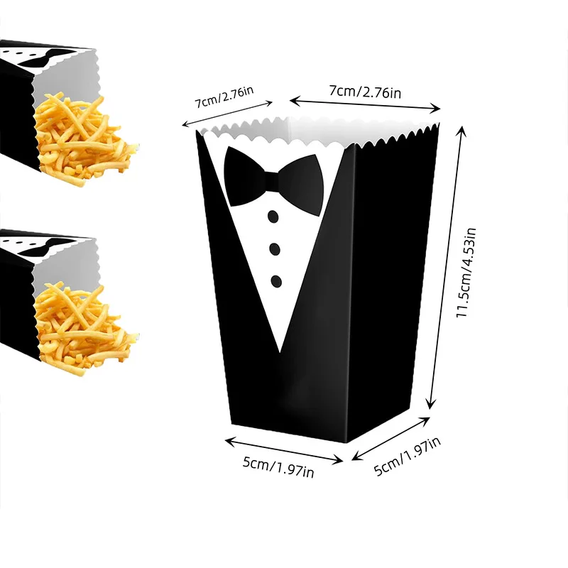 6-42 Stück Baby-Smoking-Popcornboxen mit schwarzer Krawatte und Hemdmuster, Snacktüten, Süßigkeiten- und Lebensmittelbehälter für Baby-Partyzubehör, Hochzeitsdekoration – Detail 1