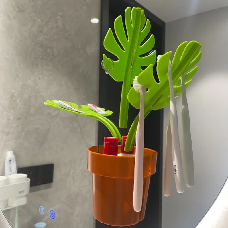 Picture 7: 1 Set Simulated Plant Mirror Adhesive Leaf Storage Rack Toothbrush Holder Bathroom Organizer