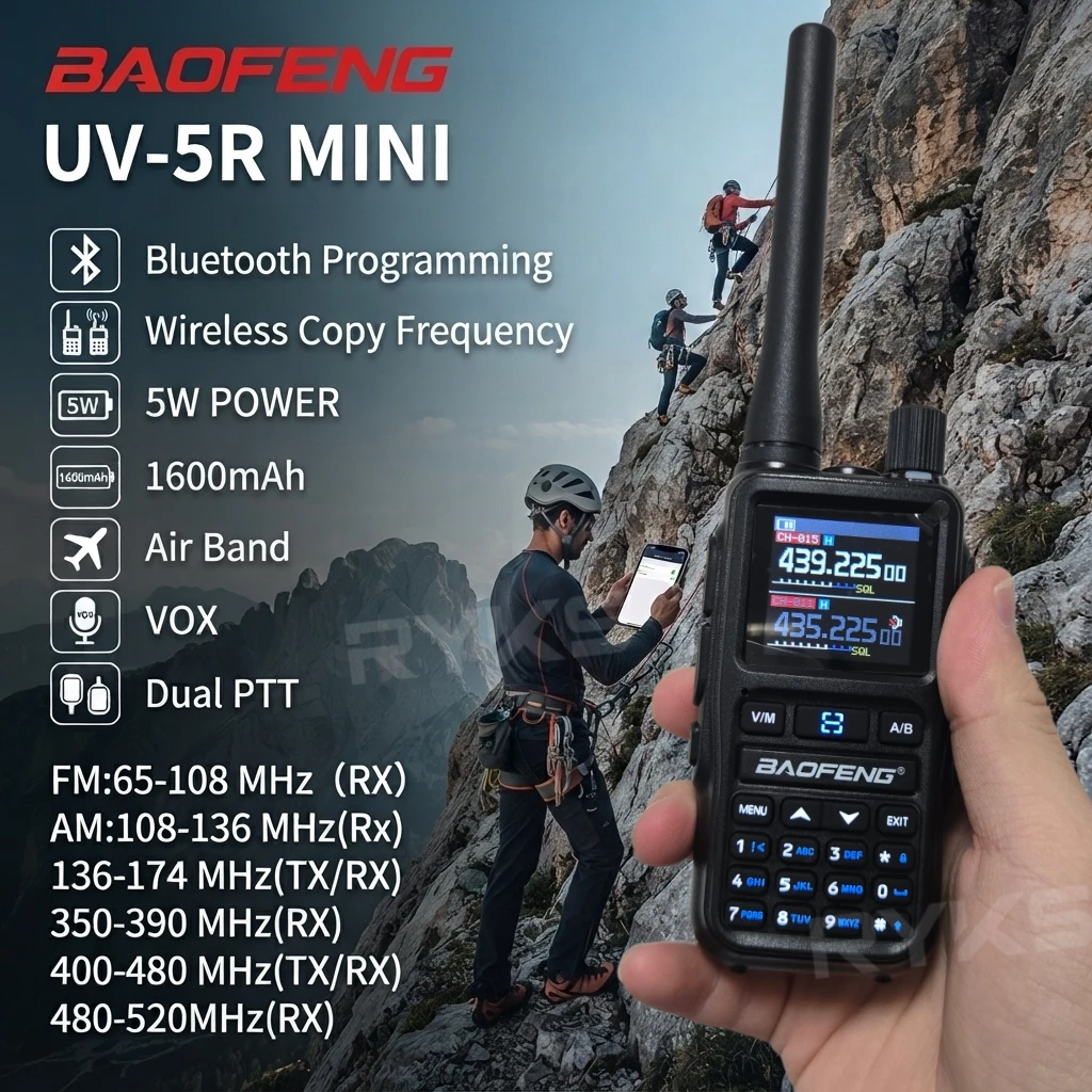 Baofeng Uv5 Mini 5W Long Range Walkie Talkie Bluetooth Programming Noaa Emergency Radio Type-C Charger 1600Mah