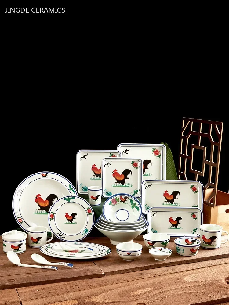 1pc Vintage Cock Pattern Melamine Plate Commercial Thickened Not Easily Broken Plastic Tableware Dinner Set Plates and Dishes