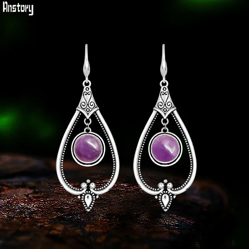

Round Amethysts Drop Earrings For Women Tibetan Silver Natural Stone Rose Quartz Lapis Lazuli Tiger Eye Fashion Dangle Earring