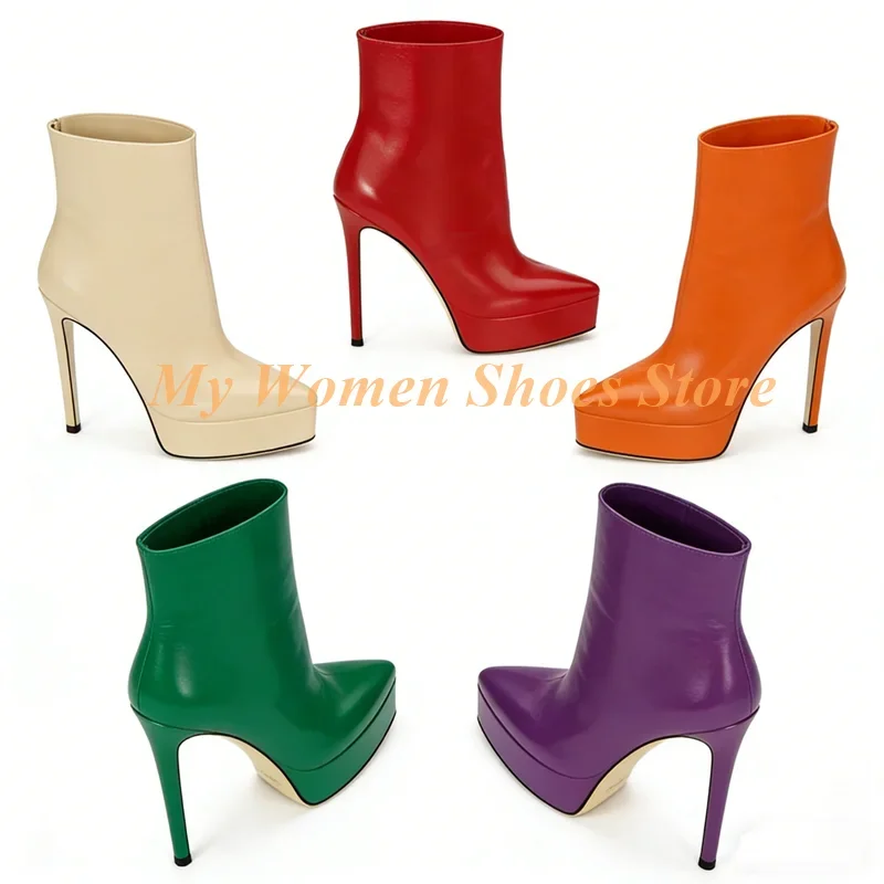 

Женские модные туфли-ботильоны на платформе с острым носком, на тонком высоком каблуке-шпильке, матовые, коричневые, черные, оранжевые, однотонные, на молнии
