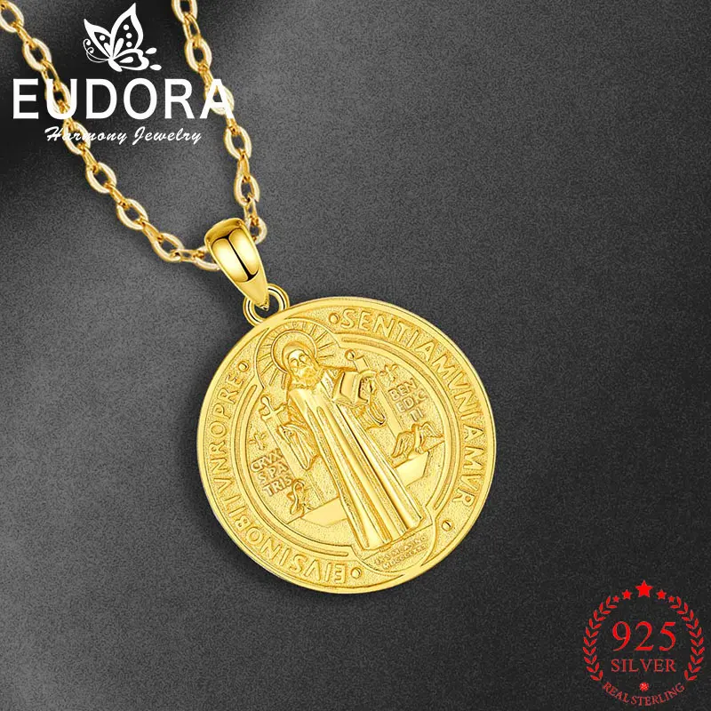 

Eudora 925 Sterling Silver Saint Benedict Necklace 18K Gold Cross Men Women Religious Pendant Christian Jewelry Exquisite Gift