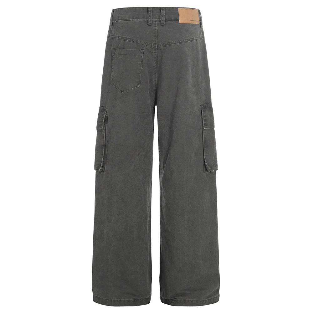 Men's Multi-Pocket Cargo Jeans Streetwear Rivet Gray Pants Loose Wide Leg Trousers High Quality