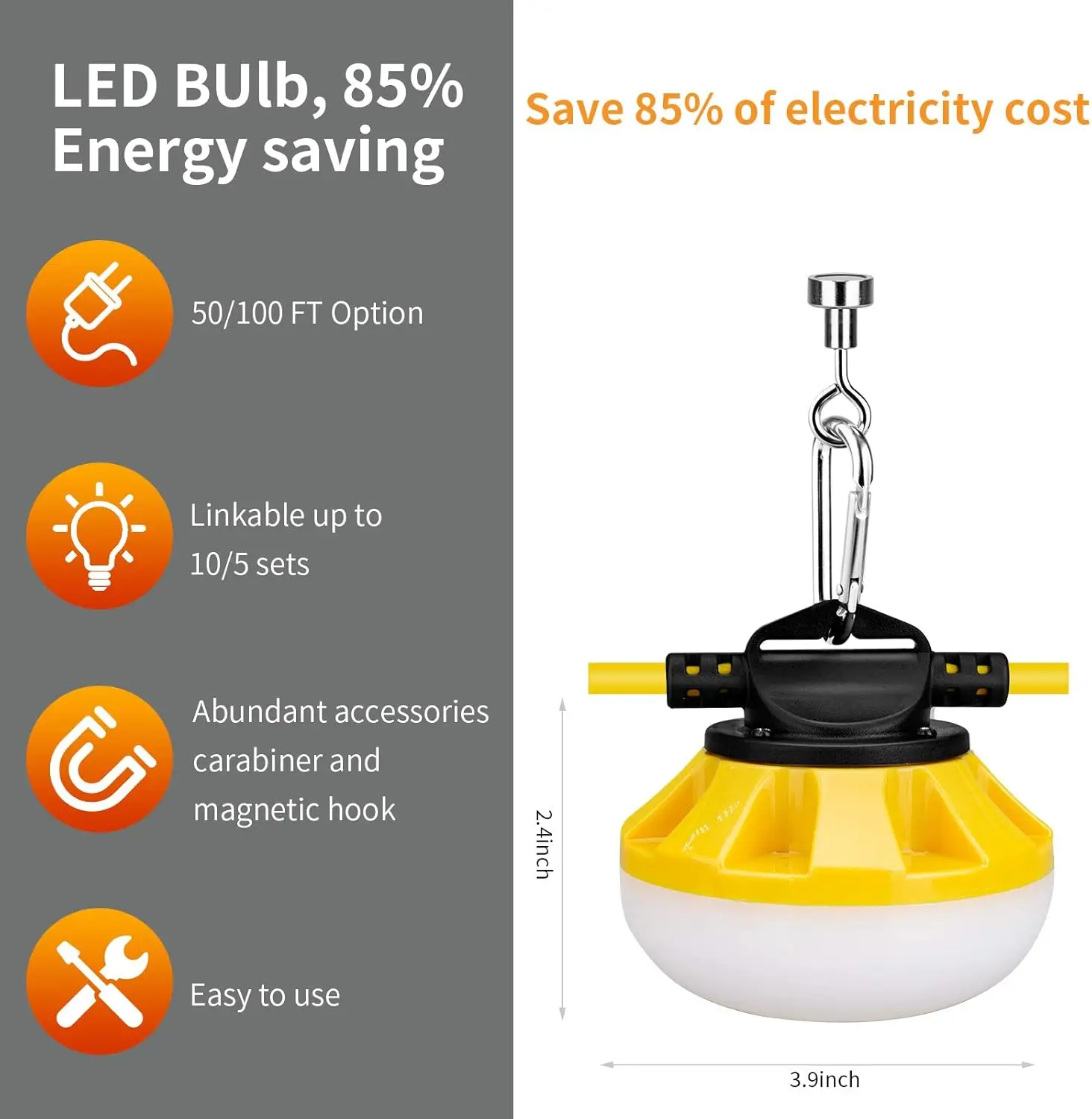 LED 건설 스트링 조명, LED 스트링 작업 조명, 건설 임시 조명, 3 갈래 200ft, 200W, 28000lm