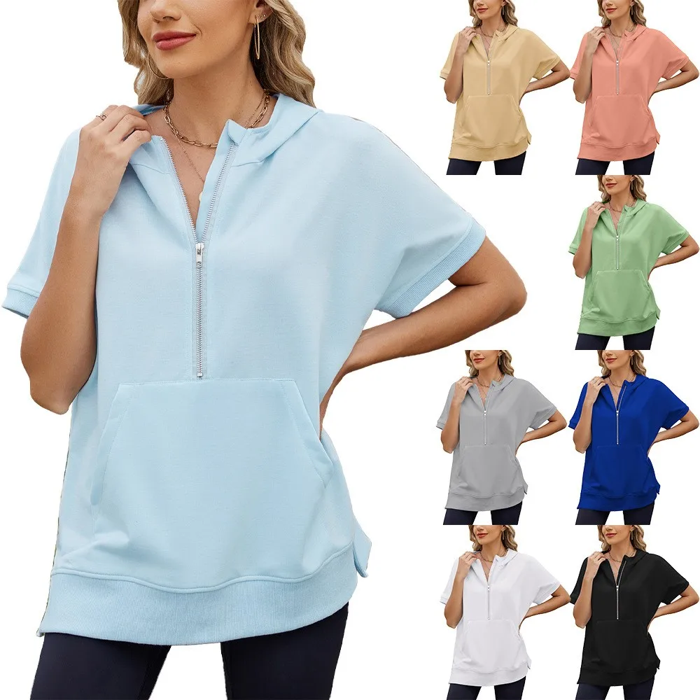 

Casual Tops For Woman Light Blue Hoodie Kangaroo Pocket Hooded Sweatshirt Solid Color Sweatshirt Half Zip Top Zip-Up Hoodie