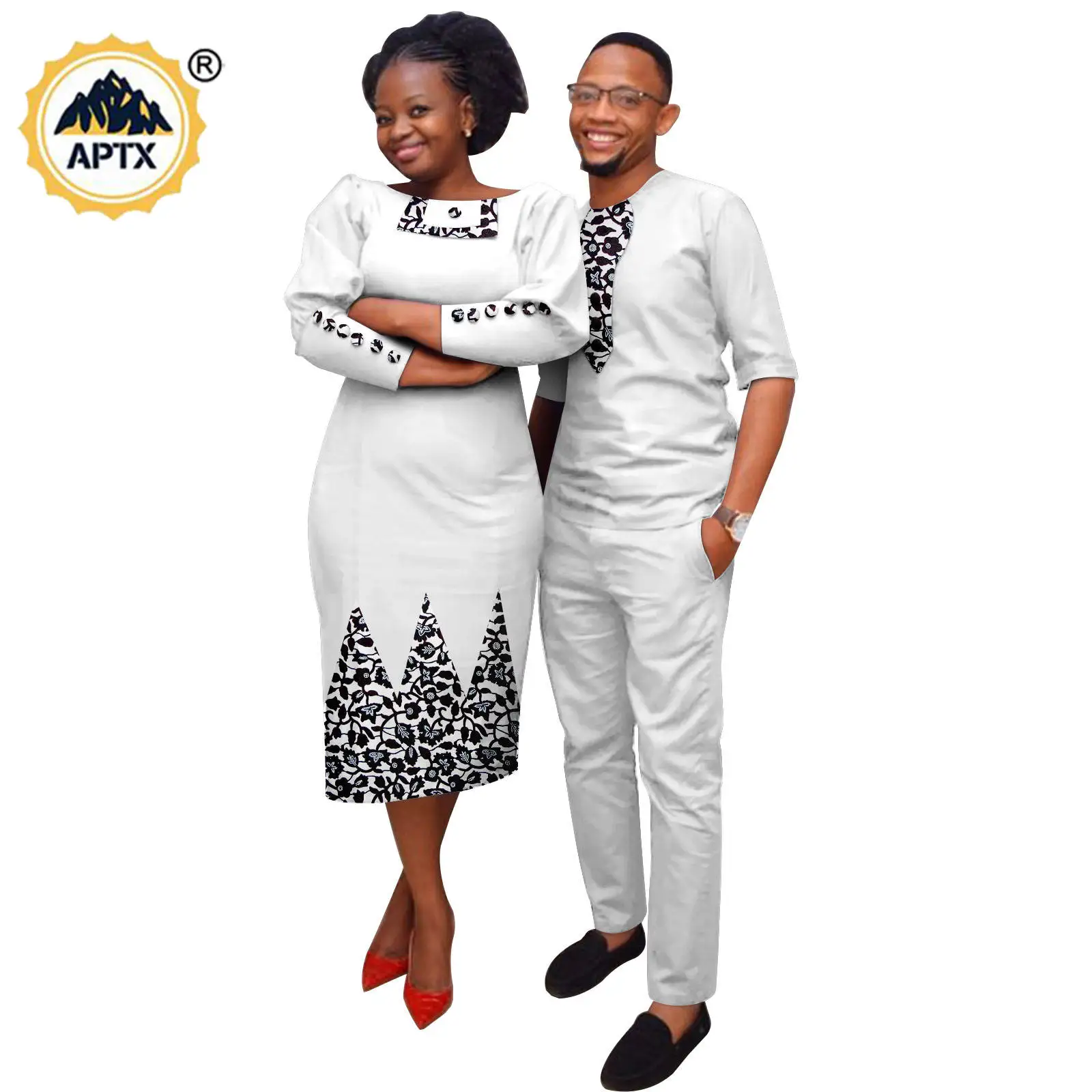 African Appliques Dresses for Women Matching Couple Outfits Dashiki Men Clothes Bazin Riche Top and Pant Sets Wedding  24C050