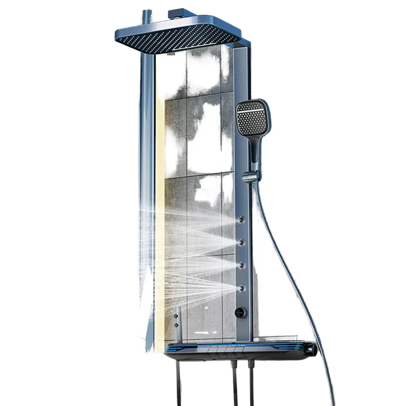 Inteligentny zestaw prysznicowy LED z cyfrowym wyświetlaczem, czterofunkcyjny, mosiężny, polerowana kwadratowa głowica prysznicowa, ceramiczny deszczownica, podciśnieniowy, do pleców, SPA, do mieszkania.