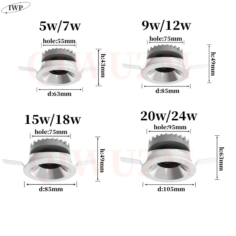 Ultra-cienki wpuszczany antyodblaskowy lampka reflektorowa COB możliwość przyciemniania 5W 7W 9W 12W okrągły do sufitu LED Downlight ubrania biurowe sklep oświetlenie