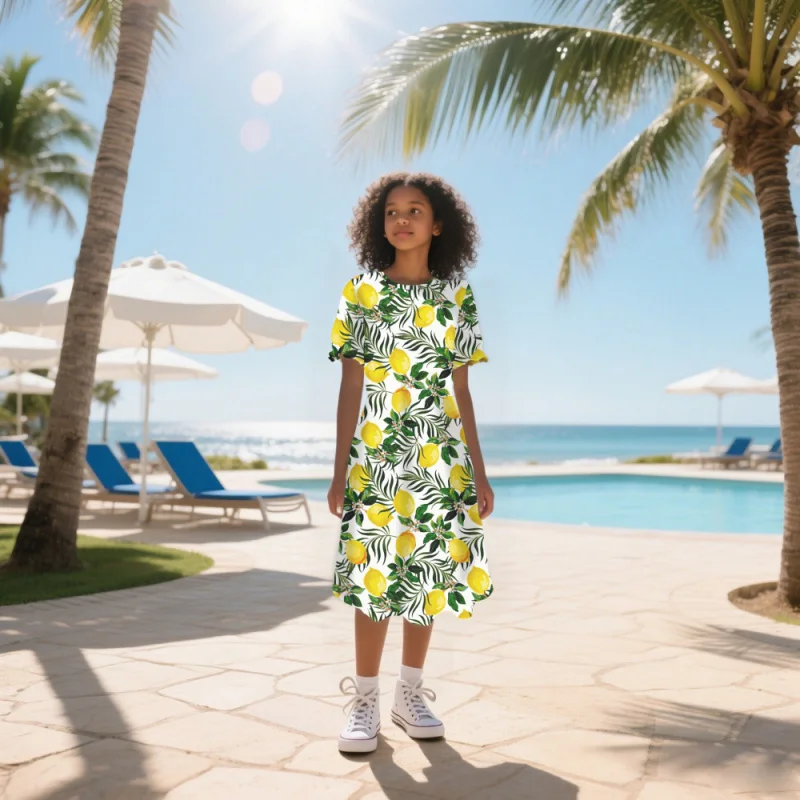 

Girls 2026 Tropical Flower Lemon Print Short Sleeve Dress Cute Summer Fashion Kids Clothing