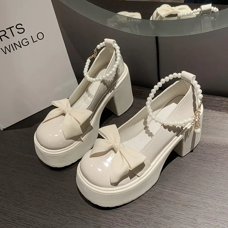 Women Thick Platform Mary Janes Lolita Shoes Party Pumps Summer 2024 Sandals Bow Chain Mujer Shoes Fashion Oxford Zapatos Q15