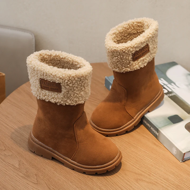 Slip-on Lambswool Snow Boots Kid Girl Winter Warm Teddy Fur High Boots Baby Child Round Toe Flat Sole Plush Western Botas Shoes