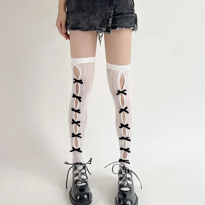 Women Sexy Fishnet Stockings Bow Lace Gothic Hollow Out Body Stockings Thigh High Over Knee Anime Lolita Tights Accessoreis