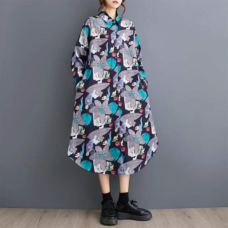 #3994 Floral Printed Shirt Dress Long Sleeve Vintage A-line Front Buttons Asymmetrical Midi Dress Women Loose Korean Fashion