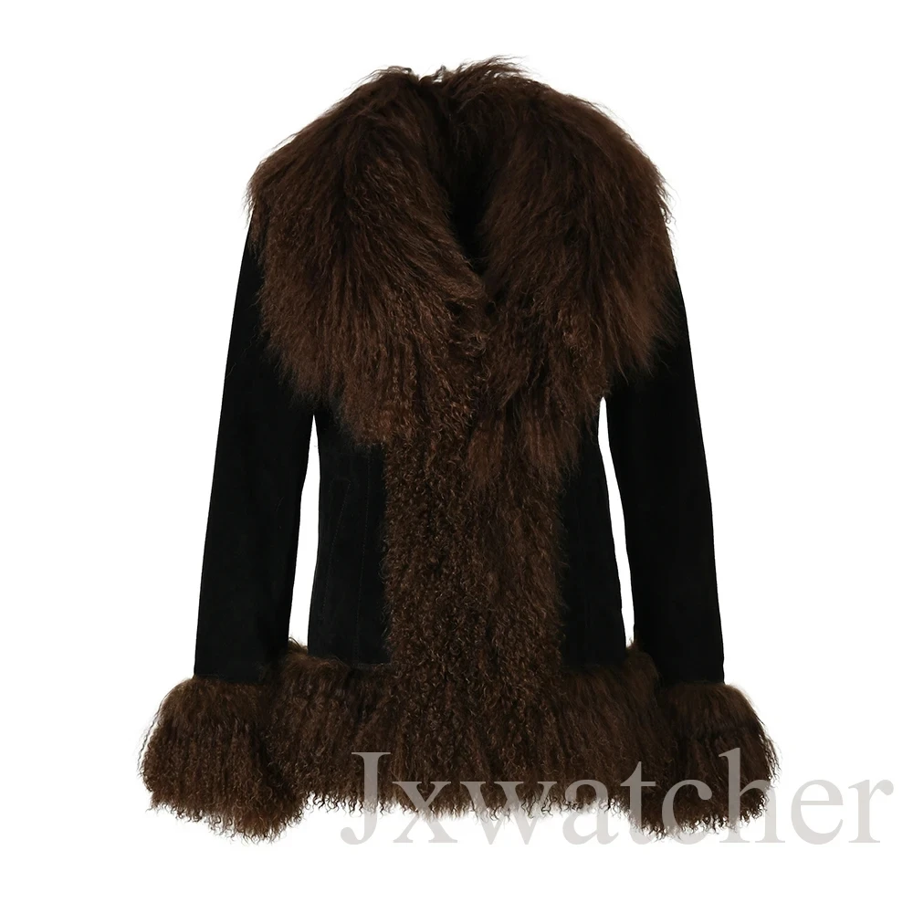 Jxwatcher Giacca in pelle da donna Rivestimento in pelliccia di pecora mongola Cappotto in vera pelle scamosciata da donna Giacca invernale calda in vera pelle Autunno