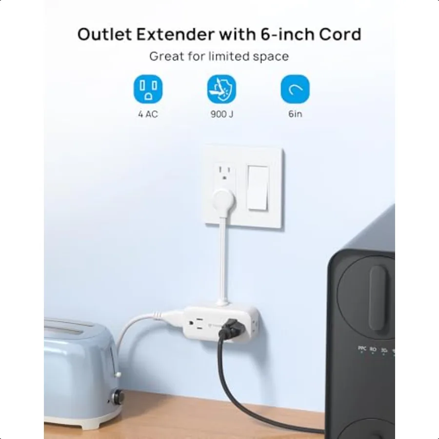 Extensor de saída plana com cabo de 6 polegadas, divisor de saída de extensão multiplug + extensor de saída com adaptador de tomada plana de cabo de 6 polegadas