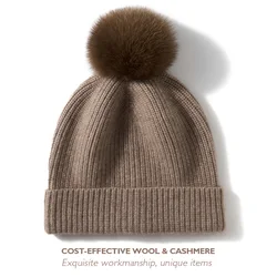 Cashmere 35% Thick Bobble Hat Rabbit Fur Pom-pom Ribbed Soft Beanies Knitted Cap Autumn Winter Wool Cashmere Hats Warm