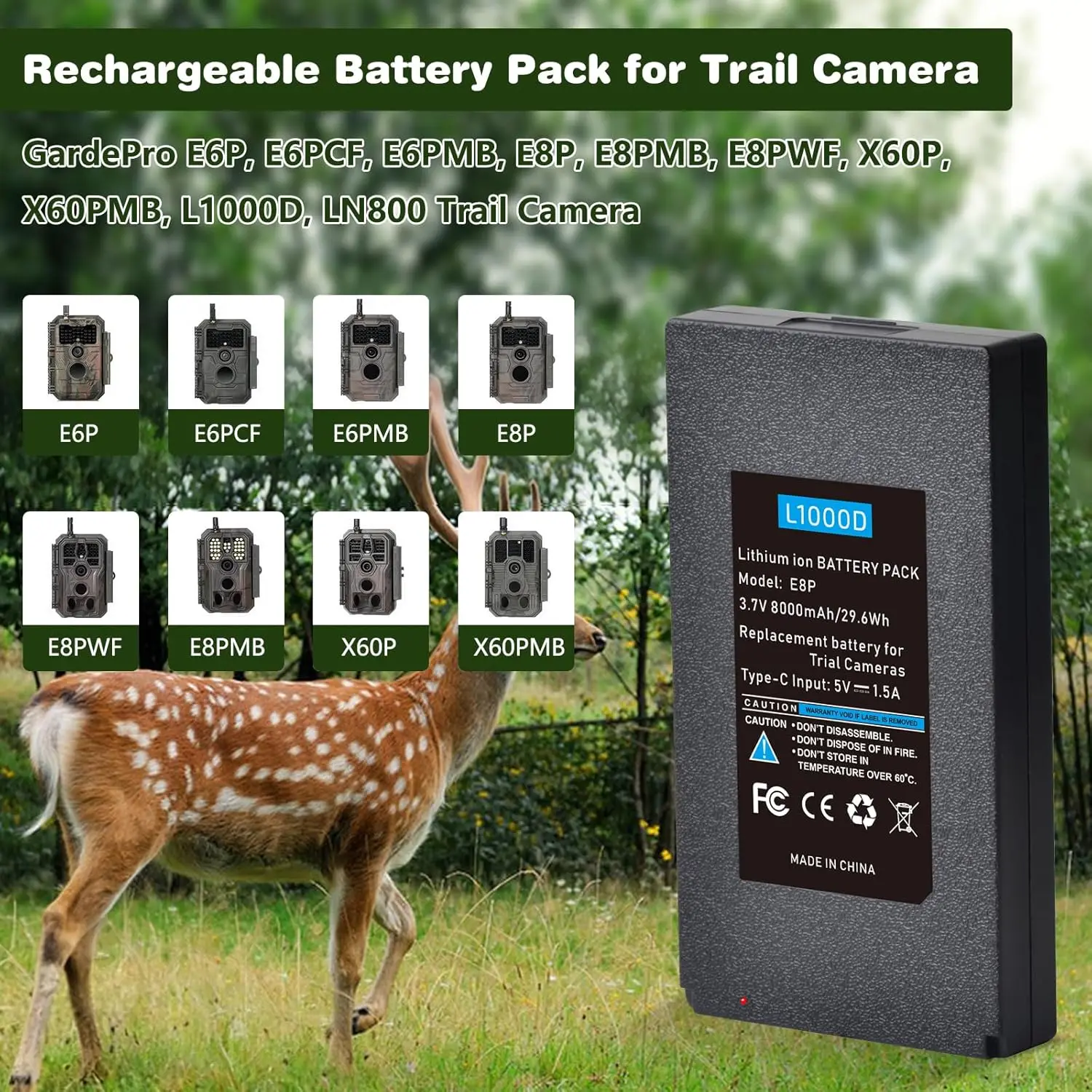 8000mAh Battery Compatible with GardePro Trail Camera E8P, E8PMB, E8PWF, E6P, E6PCF, E6PMB, X60P, X60PMB, L1000D, LN800